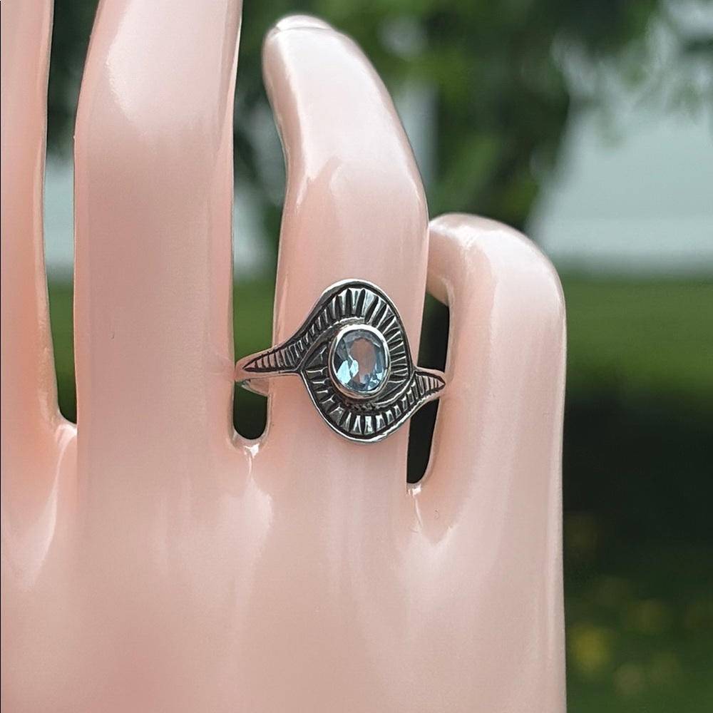 Genuine Natural Blue Topaz Oval Bezel Solitaire Ring Sterling Silver Size 8.5 - Picture 2 of 13